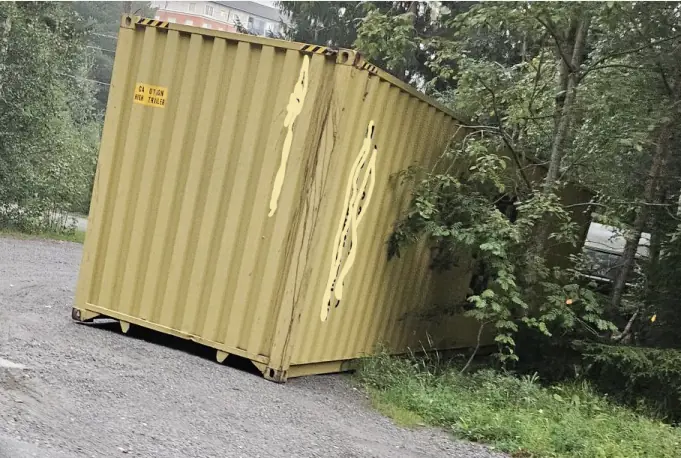 Dzeltens kuģu konteiners ceļa malā pie meža